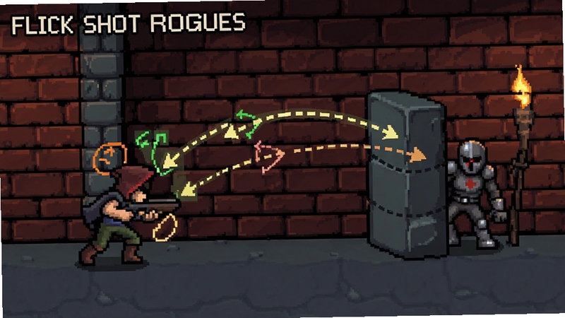 Flick Shot Rogues 弹射轨迹示意图,展示角色利用墙壁反弹击中掩体后敌人的路径,画面带有角度标注与虚线箭头,背景为地牢砖墙