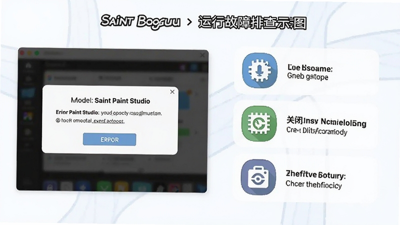Saint Paint Studio 运行故障排查示意图,画面左侧显示错误提示弹窗,右侧列出更新驱动、关闭硬件加速、检查运行库等解决步骤图标,背景简洁明亮,适配 Boogu 模型生成