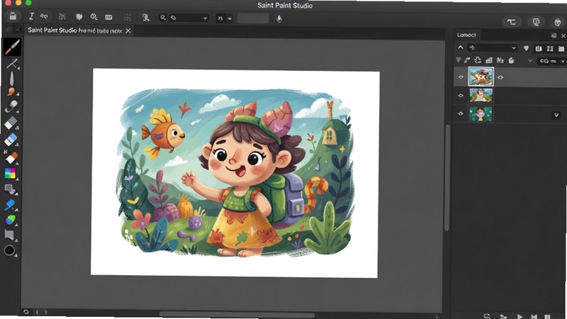 Saint Paint Studio 软件主界面全貌,中央画布区域显示一幅正在绘制的彩色插画,左侧工具栏排列画笔、橡皮、填充等图标,右侧图层面板展示多个图层缩略图,顶部菜单栏清晰可见,整体采用深灰色专业主题,画面明亮整洁,适配 Boogu 模型生成