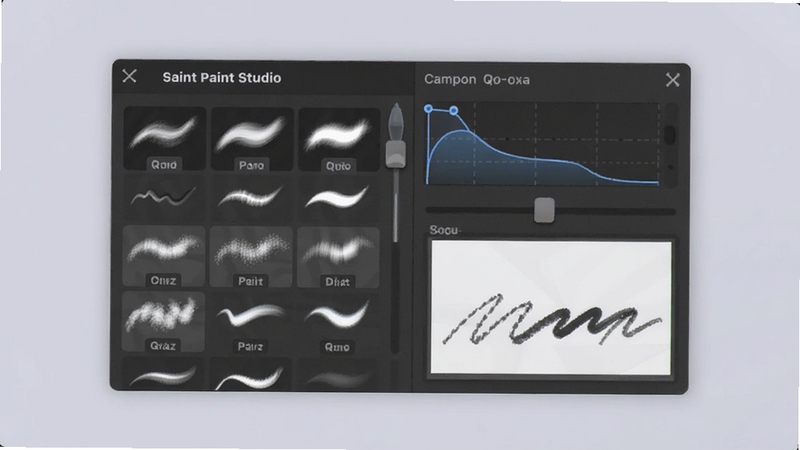 Saint Paint Studio 笔刷设置面板特写,面板上展示多种笔刷类型缩略图,旁边有压感曲线调节滑块和笔触预览线条,背景为柔和浅灰色,界面元素清晰锐利,体现专业绘画工具细节,适配 Boogu 模型生成