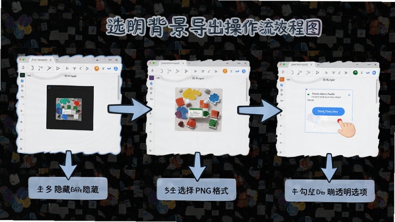 Saint Paint Studio 透明背景导出操作流程图,画面分三步展示:隐藏背景图层、选择 PNG 格式、勾选透明选项,界面标注清晰箭头指引,背景为浅色工作区,适配 Boogu 模型生成