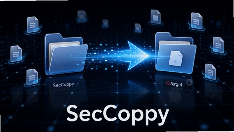 SecCopy高速复制引擎概念图,画面中央为发光的蓝色数据流从源文件夹快速流向目标文件夹,周围环绕着细小的文件图标,背景为深色科技感网格,突出速度与稳定性,软件名称SecCopy位于画面底部居中位置