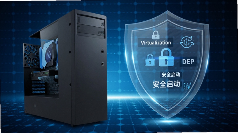 软件名称Securable功能示意图,画面左侧是一台台式电脑主机,右侧悬浮着半透明的安全盾牌图标,盾牌上显示着虚拟化、DEP、安全启动等关键词,背景是深蓝色科技网格,光线明亮,风格专业严谨,用于展示安全检测功能
