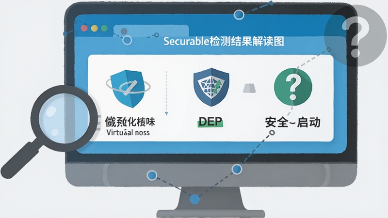 软件名称Securable检测结果解读图,画面中央是一块放大的电脑屏幕,屏幕上用清晰的图标和文字展示虚拟化、DEP、安全启动三项检测结果,旁边有放大镜和问号图标,背景为浅灰色,风格扁平化信息图,用于帮助用户理解检测项含义