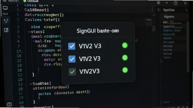 SignGUI签名方案切换界面特写,屏幕中央显示V1V2V3勾选选项与状态指示灯,背景为深色代码编辑风格,突出操作便捷性