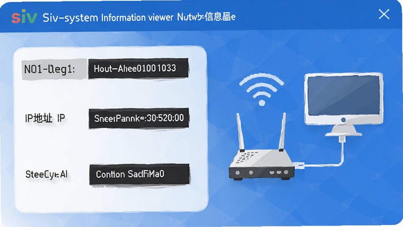 AI生图,siv-system information viewer网络信息面板,展示网卡型号、IP地址与连接速度,旁边有路由器与电脑连接的示意图,画面风格为简约商务蓝,带有信号波纹图标。