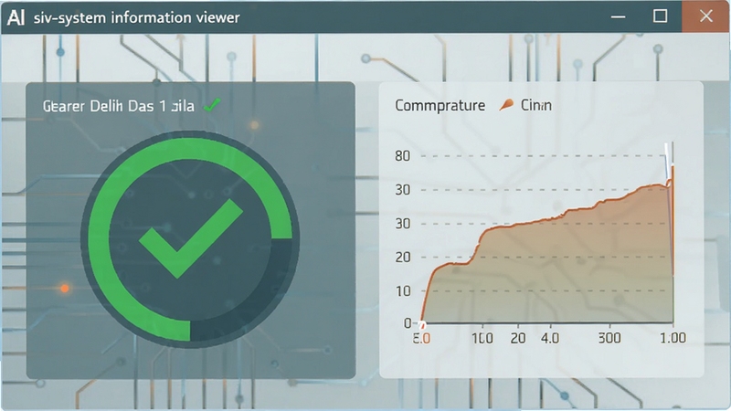 AI生图,siv-system information viewer界面中硬盘与显卡信息面板,左侧显示硬盘健康度绿色对勾,右侧显示显卡温度曲线图,画面风格为扁平化科技感,配色以青灰与亮橙点缀,背景干净整洁。
