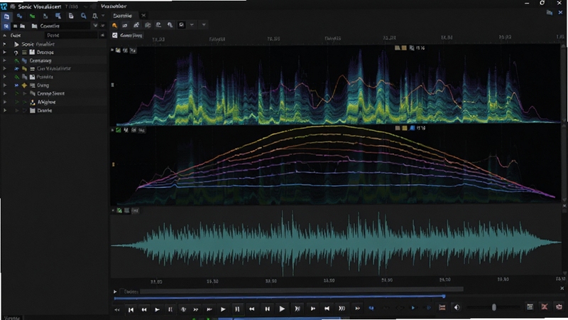 Sonic Visualiser 软件界面截图,展示多层音频频谱图与波形图叠加显示,彩色音高曲线贯穿其中,背景为深色专业音频分析工作区,界面左侧有图层管理面板,底部有播放控制条,整体风格科技感十足