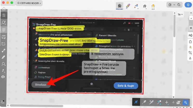 SnapDraw-Free 截图批注功能场景图,画面展示一个软件界面截图被红色矩形框选中,截图上添加了黄色高亮标记、红色箭头指向按钮以及半透明文字注释框,画面右下角显示批注工具栏,背景为淡灰色工作区,整体风格直观实用,突出软件即时批注与反馈的便利性