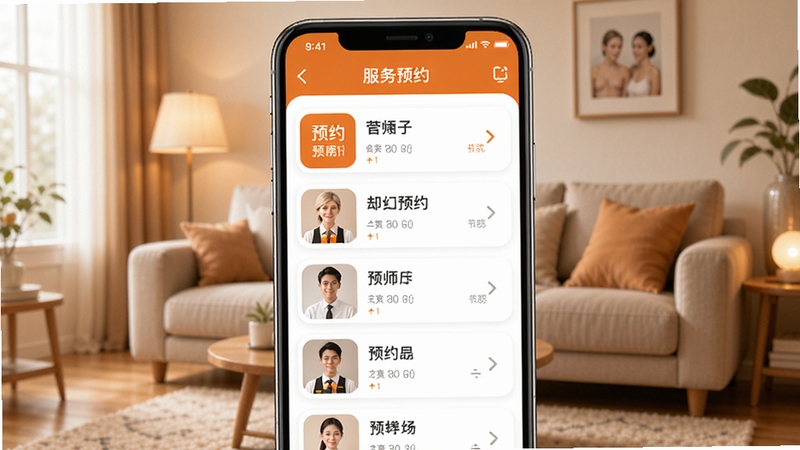 一款名为即约上门按摩的手机应用界面,画面中央展示着清晰的服务项目列表与技师头像卡片,背景是温馨舒适的居家客厅环境,光线柔和明亮,整体色调以暖橙色和白色为主,突出便捷预约与专业服务的视觉感受。