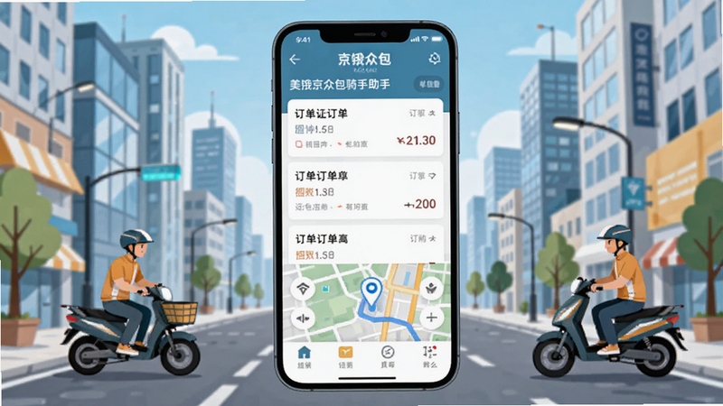 画面中央是一部智能手机,屏幕上清晰显示美饿京众包骑手助手的应用主界面,界面中包含订单列表和地图导航元素,背景是城市街道与写字楼群,整体色调明亮清爽,采用扁平化插画风格,突出骑手工作场景的真实感与科技感