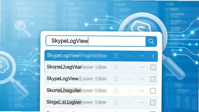 SkypeLogView关键词搜索功能界面,画面展示搜索框输入文字后列表实时过滤的效果,背景有放大镜图标与数据流线条装饰,整体色调为清爽的蓝白色,突出快速定位信息的便捷性