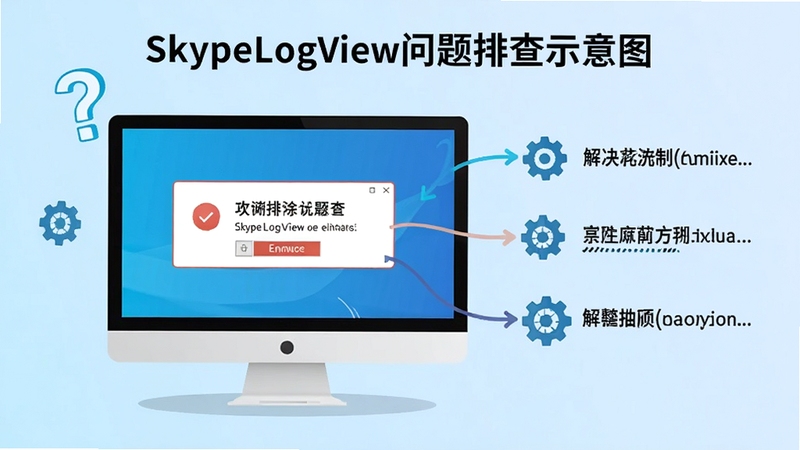 SkypeLogView问题排查示意图,画面显示一个电脑屏幕,屏幕上弹出错误提示框旁边有解决步骤的文字标注,背景是淡蓝色渐变,有问号与齿轮图标点缀,风格简洁明了的故障排除指南