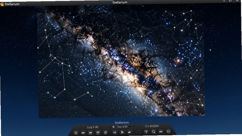 虚拟天文馆(Stellarium)软件主界面截图,画面中央展示逼真的银河与星座连线,底部为时间控制面板,背景是深蓝色夜空,整体风格写实且富有科技感