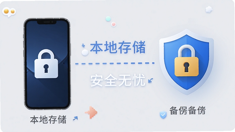 倒计时倒数软件隐私保护与数据备份功能示意图,画面左侧为手机本地存储图标,右侧为盾牌与锁形标志,中间以虚线连接,背景为浅灰色,突出“本地存储”“安全无忧”等文字元素