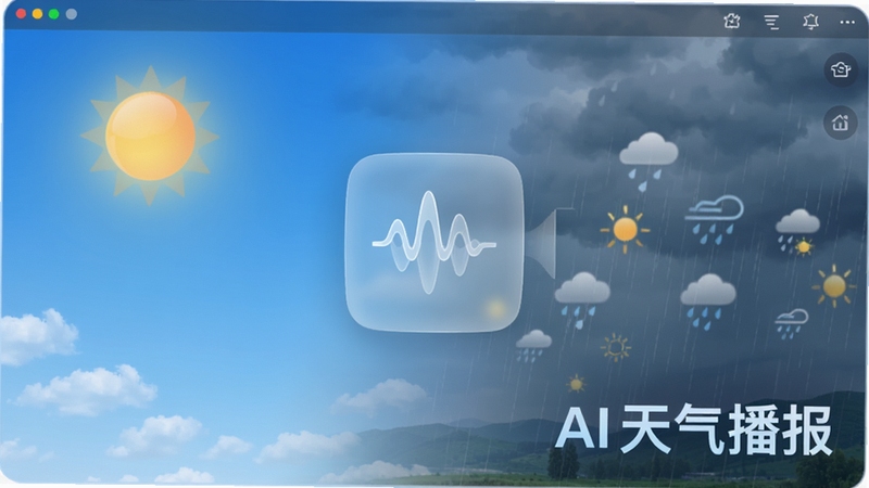 AI天气播报软件主界面全貌展示,画面中央悬浮着半透明的智能语音波形图标,背景区域由左至右呈现从晴朗蓝天渐变到细雨绵绵的动态天气场景,右下角有醒目的AI天气播报文字标识,整体风格科技感十足且清爽简洁,适配Boogu模型生成