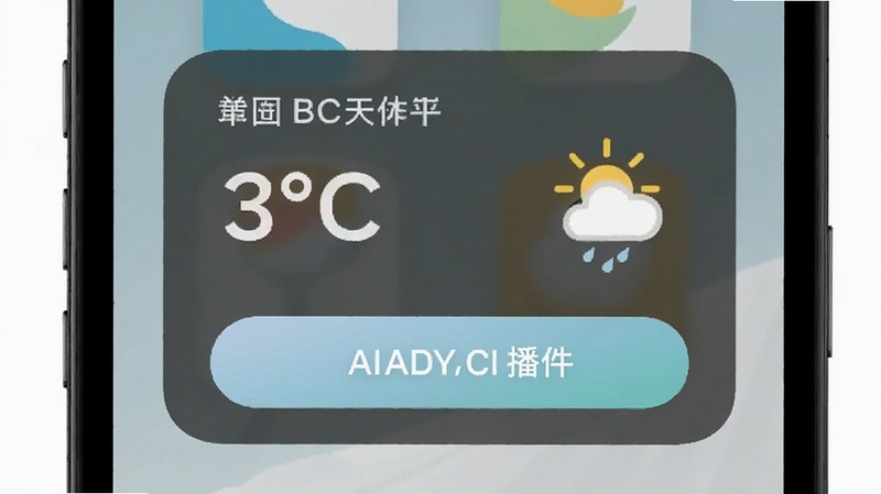 AI天气播报桌面小组件效果图,画面主体为手机桌面上的天气信息卡片,卡片上显示温度、天气图标和播报按钮,背景区域是简洁的手机壁纸,整体风格清新自然