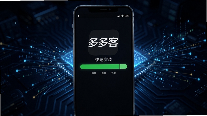 多多客轻量安装包在安卓手机上快速下载完成的画面,手机屏幕显示下载进度条满格,周围有数据流线条装饰,背景为深色科技风格,突出多多客名称
