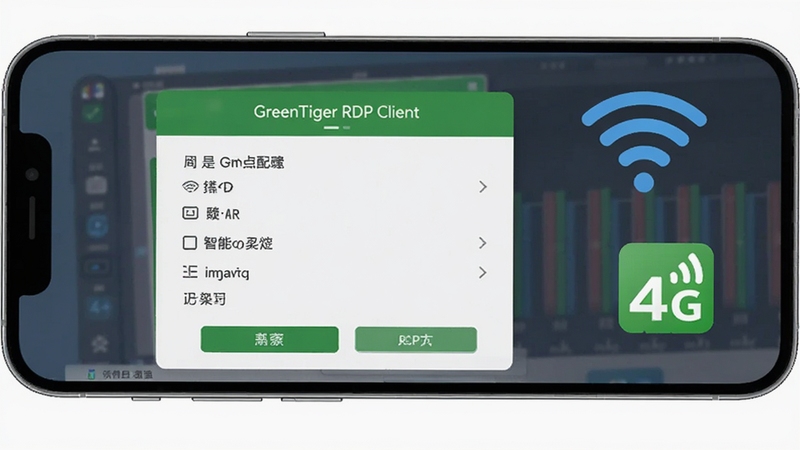 手机屏幕中展示远程桌面分辨率设置菜单,旁边有Wi-Fi信号图标和4G网络图标对比,画面风格简洁明快,体现GreenTiger RDP Client的智能适配能力