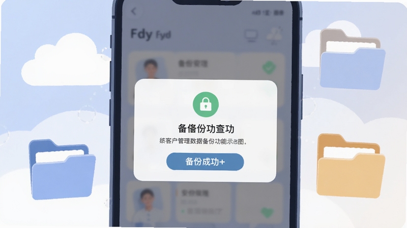 Fdy客户管理数据备份功能示意图,画面展示手机屏幕弹出备份成功提示,背景有云朵和文件夹图标装饰,色彩柔和,扁平插画风格,强调数据安全与存储的安心感