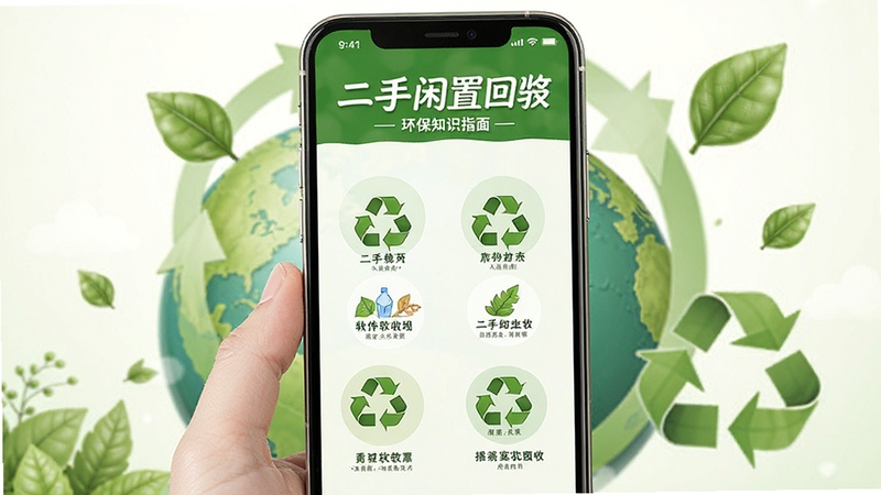 二手闲置回收软件环保知识页面,手机屏幕显示图文并茂的回收指南,背景为绿色地球和循环箭头,有树叶和回收标志,风格清新自然
