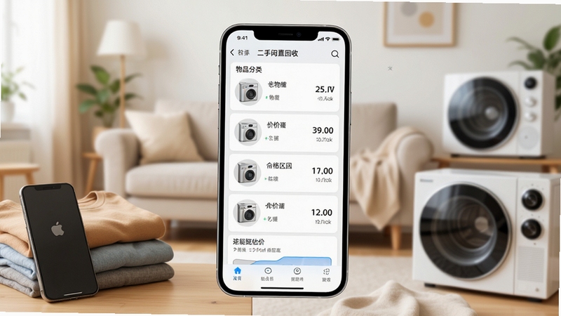 二手闲置回收软件智能估价界面展示,手机屏幕显示物品分类列表和价格区间,背景为温馨家居环境,有旧手机、旧衣物、旧家电等物品环绕,画面明亮清晰,风格简约现代