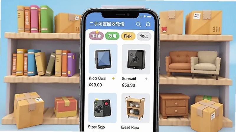 二手闲置回收软件二手交易市场页面,手机屏幕显示商品列表和分类标签,背景为虚拟货架和包裹元素,有书籍、电子产品、家具等物品,画面活泼,风格卡通