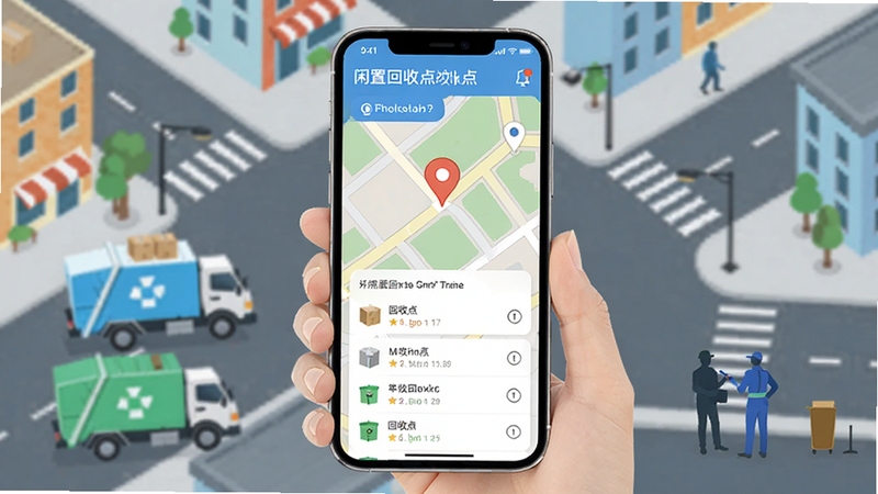 二手闲置回收软件附近回收点地图界面,手机屏幕显示地图标记和回收点列表,背景为城市街道俯瞰图,有回收车和工作人员剪影,色彩清新,风格扁平化