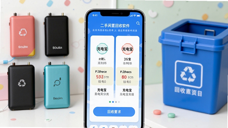 二手闲置回收软件充电宝回收页面展示,手机屏幕显示充电宝分类和回收要求,背景为各种品牌充电宝和回收箱,色彩明快,风格简洁