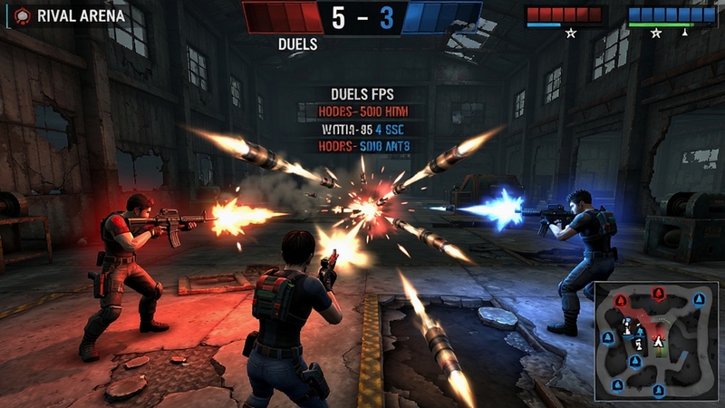 Rival Arena: Duels FPS 多人联机对战画面,四名玩家分属红蓝两队,在废弃工厂地图中展开激烈交火,画面中央有子弹时间特效与击杀信息滚动显示,右下角小地图标注队友位置,顶部比分牌显示5比3,整体氛围紧张刺激。