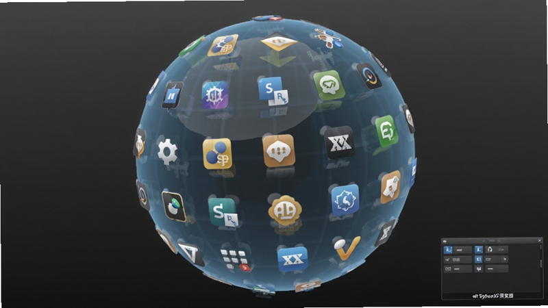 SphereXP立体球面图标布局效果图,画面中一个半透明的蓝色球体表面均匀分布着各类软件图标,球体正在缓慢旋转,图标带有轻微反光效果,背景是深灰色渐变,右下角有一个小型的控制面板浮窗,整体色调冷静专业,alt=