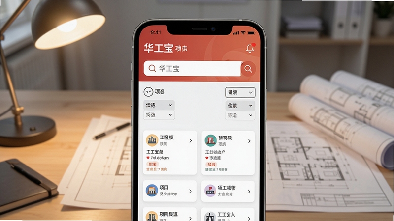 ������Ӧ������Ŀ��Ϣ��ѯ���棬�ֻ���Ļ��ʾ������Ŀ�б���ɸѡ�����������Ǽ��İ칫�����빤����ͼ����������ͻ�������������������Ŀ��Ƭ��ůɫ�ƹ⣬ϸ������������Booguģ������