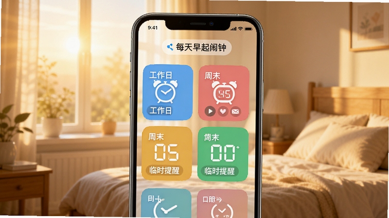 一款名为每天早起闹钟的手机应用界面,屏幕中央展示多个彩色闹钟卡片,分别标注工作日、周末、临时提醒等标签,背景为清晨阳光洒进卧室窗台的温馨场景,整体色调温暖明亮,细节清晰,适合软件宣传图