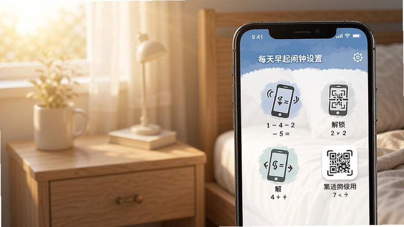 每天早起闹钟应用内的任务解锁设置页面,手机屏幕上显示数学题解锁界面,旁边有摇晃手机、扫码等图标选项,背景为清晨卧室床头柜场景,柔和晨光照射,画面清晰有层次