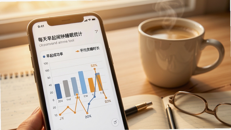 每天早起闹钟的睡眠统计页面,手机屏幕显示柱状图和折线图,标注早起成功率和平均贪睡时长,背景为书桌上一杯咖啡和记事本的清晨场景,色调温暖柔和