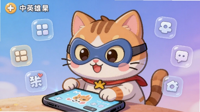 猫包英雄(中文辅助菜单)主界面预览图,画面中央展示一只戴着英雄面具的卡通猫咪正在操作手机屏幕,背景为柔和的蓝紫色渐变,周围漂浮着半透明的中文菜单选项图标,整体风格活泼可爱,适配Boogu模型生成。