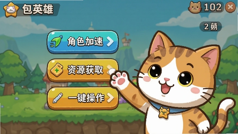 猫包英雄(中文辅助菜单)功能界面截图,画面展示一只卡通猫咪用爪子点击悬浮在屏幕上的中文菜单按钮,菜单上清晰标注着“角色加速”“资源获取”“一键操作”等中文选项,背景为游戏场景的简化插画,风格明快。
