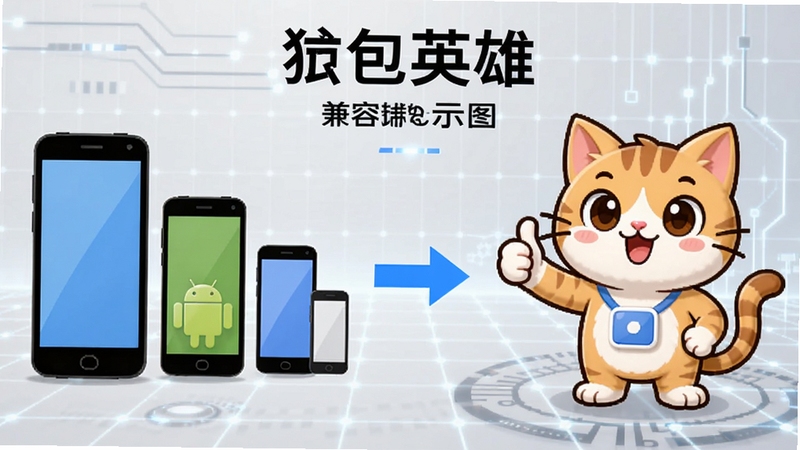 猫包英雄(中文辅助菜单)兼容性示意图,画面左侧为多款不同尺寸的安卓手机图标,右侧为一只卡通猫咪竖起大拇指,中间用箭头连接,背景为浅灰色科技网格,突出兼容与稳定主题。
