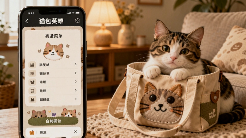 猫包英雄(中文辅助菜单)与自制猫包概念融合图,画面左侧为手机屏幕显示猫包英雄辅助菜单,右侧为一只可爱的猫咪趴在手工制作的帆布猫包旁边,背景为温馨的家居环境,整体色调温暖柔和。