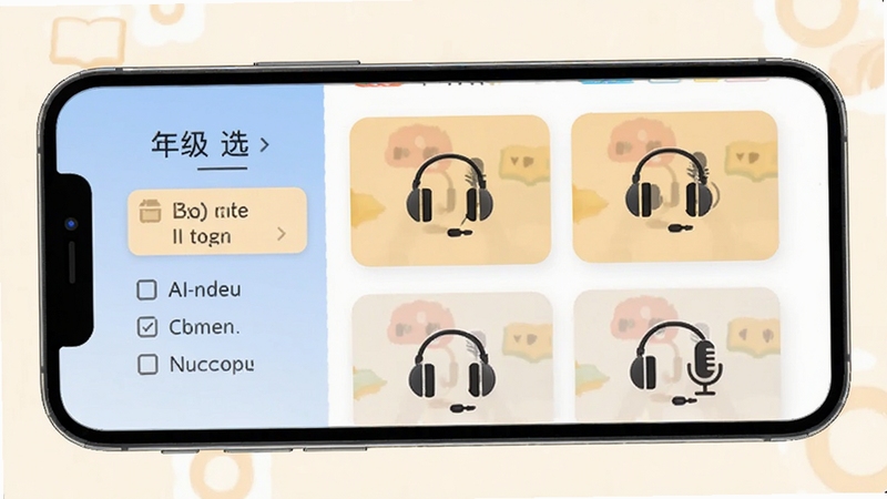 英语Ai听说 教材同步页面 手机屏幕展示 界面左侧为年级选择栏 右侧为单元卡片列表 卡片上有耳机和麦克风图标 背景为柔和米白色 适配Boogu模型生成