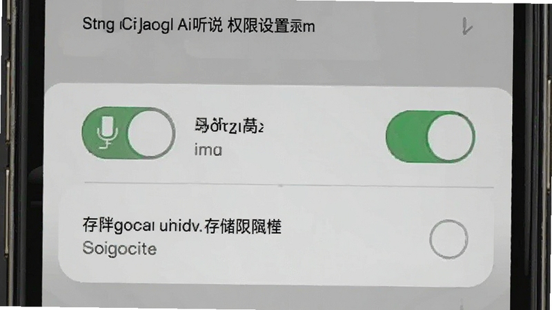 英语Ai听说 权限设置示意图 手机屏幕截图风格 展示麦克风开关和存储权限选项 背景为灰色设置菜单 适配Boogu模型生成