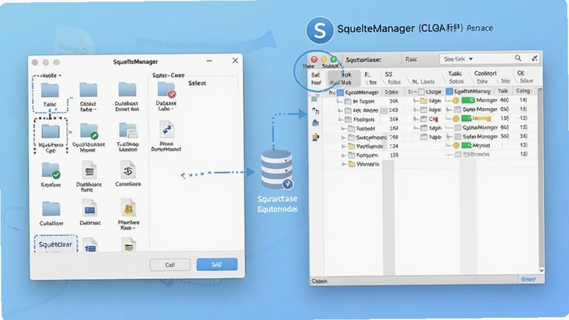 SQLiteManager �����򿪶������ݿ��ļ���ʽ��ʾ��ͼ�����������ʾ�ļ�ѡ��Ի����Ҳ�չʾ�ɹ����غ���ṹ�б�������Ϊ����ɫ���䣬ͻ��������������