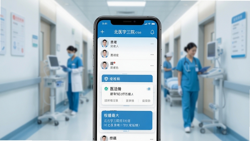 北医三院医生版应用主界面展示,画面中央为手机屏幕显示患者列表与医嘱卡片,背景为简洁的医院走廊虚化场景,色调以蓝白为主,突出医疗专业感与移动办公氛围