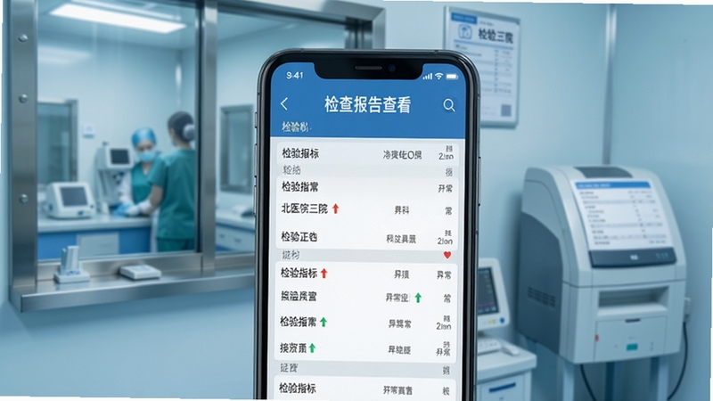 北医三院医生版检查报告查看界面,手机屏幕展示检验指标列表与异常箭头提示,背景为检验科窗口与报告打印机,色调冷静专业,突出数据可视化细节