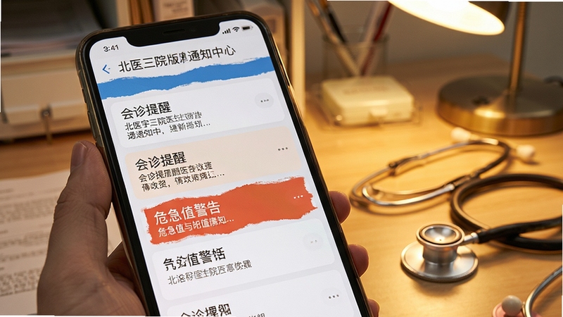 北医三院医生版消息通知中心界面,手机屏幕显示多条会诊提醒与危急值警告,背景为医生办公室桌面与听诊器,光线偏暖,强调及时响应的重要性