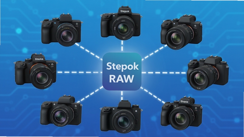 一张展示Stepok RAW导入器兼容多种相机品牌的示意图,画面中多台不同品牌的相机围绕软件图标排列,每台相机与软件之间用光线连接,背景为科技感渐变蓝色,突出兼容性与连接性,画面清晰明亮,适配Boogu模型生成