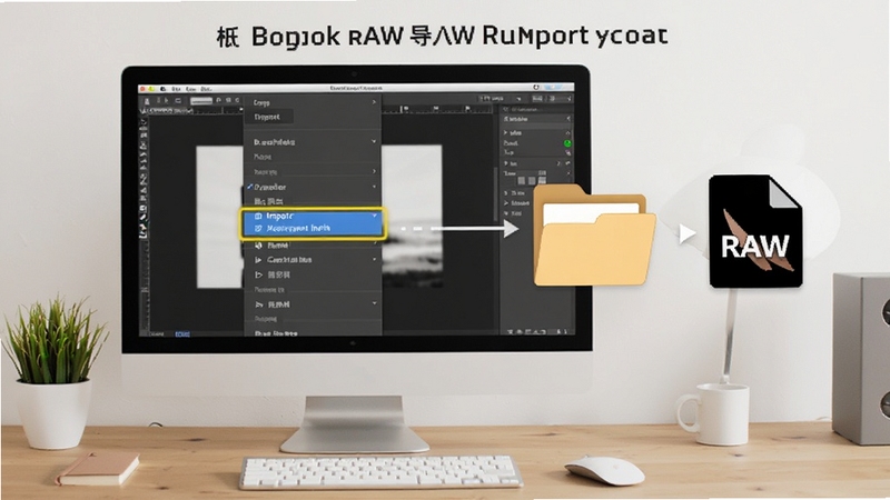 Stepok RAW导入器使用步骤示意图,画面展示电脑屏幕上打开的图像编辑软件菜单,高亮显示导入器选项,旁边有文件夹图标和RAW文件图标,背景为整洁的桌面环境,风格清晰易懂,适配Boogu模型生成