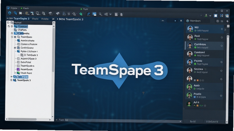 一款名为TeamSpeak 3的专业语音通讯软件主界面,画面中心是软件标志性的深蓝色调操作面板,左侧展示频道树状列表,右侧为成员在线状态区域,背景为简洁的深色渐变,整体呈现科技感与专业感,画面比例16:9,高清细节