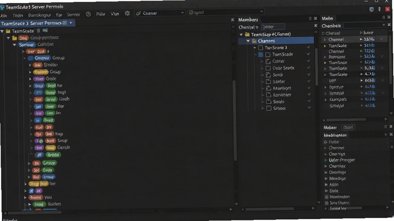 TeamSpeak 3服务器权限管理界面示意图,画面中展示树状权限分配面板,不同用户组以彩色标签区分,背景为深灰色调的服务器控制台,右侧有频道列表和成员管理区域,整体风格严谨专业