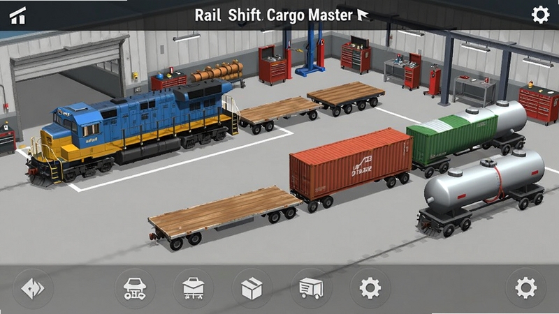 Rail Shift: Cargo Master ����ѡ����棬չʾ������ɫ�Ļ���ͷ�ͻ��˳��ᣬ����ƽ�峵����װ�䳵���޳��������ǳ����ά���豸��UI��࣬ͼ������